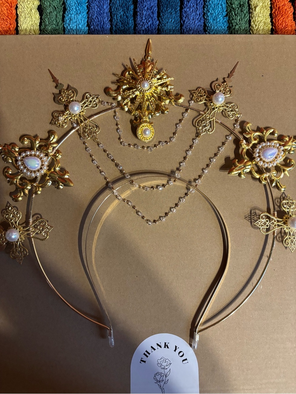 Gold Decorative Halo Headband with Cross,Pearls and Chains